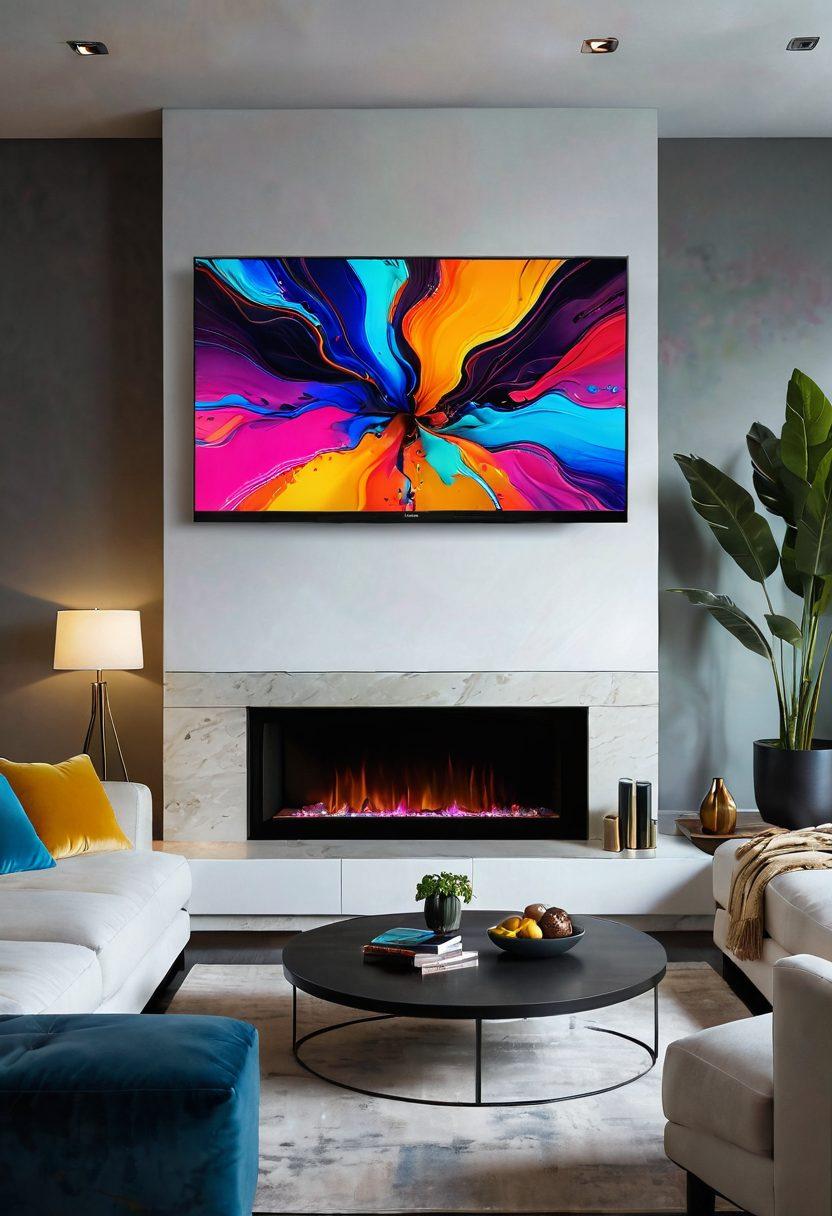 A captivating scene of a contemporary home entertainment setup featuring a sleek smart TV displaying vibrant, alluring abstract art. A stylish, plush sofa adorned with colorful pillows sits invitingly in front of it. Ambient lighting creates a warm, seductive glow, enhancing the mood. Subtle hints of streaming service icons scattered artistically around the room to signify various platforms. Digital art with an elegant, modern aesthetic.